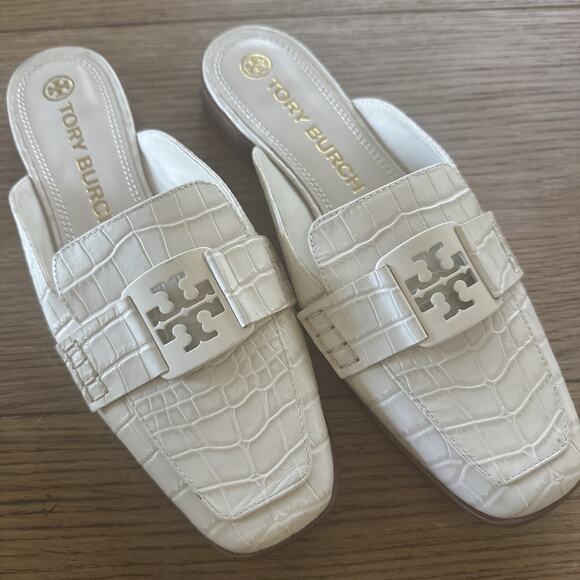 Tory Burch Cream Leather Georgia Mule Slides Shoes Logo Lux Designer Classic 9 - Picture 1 of 12